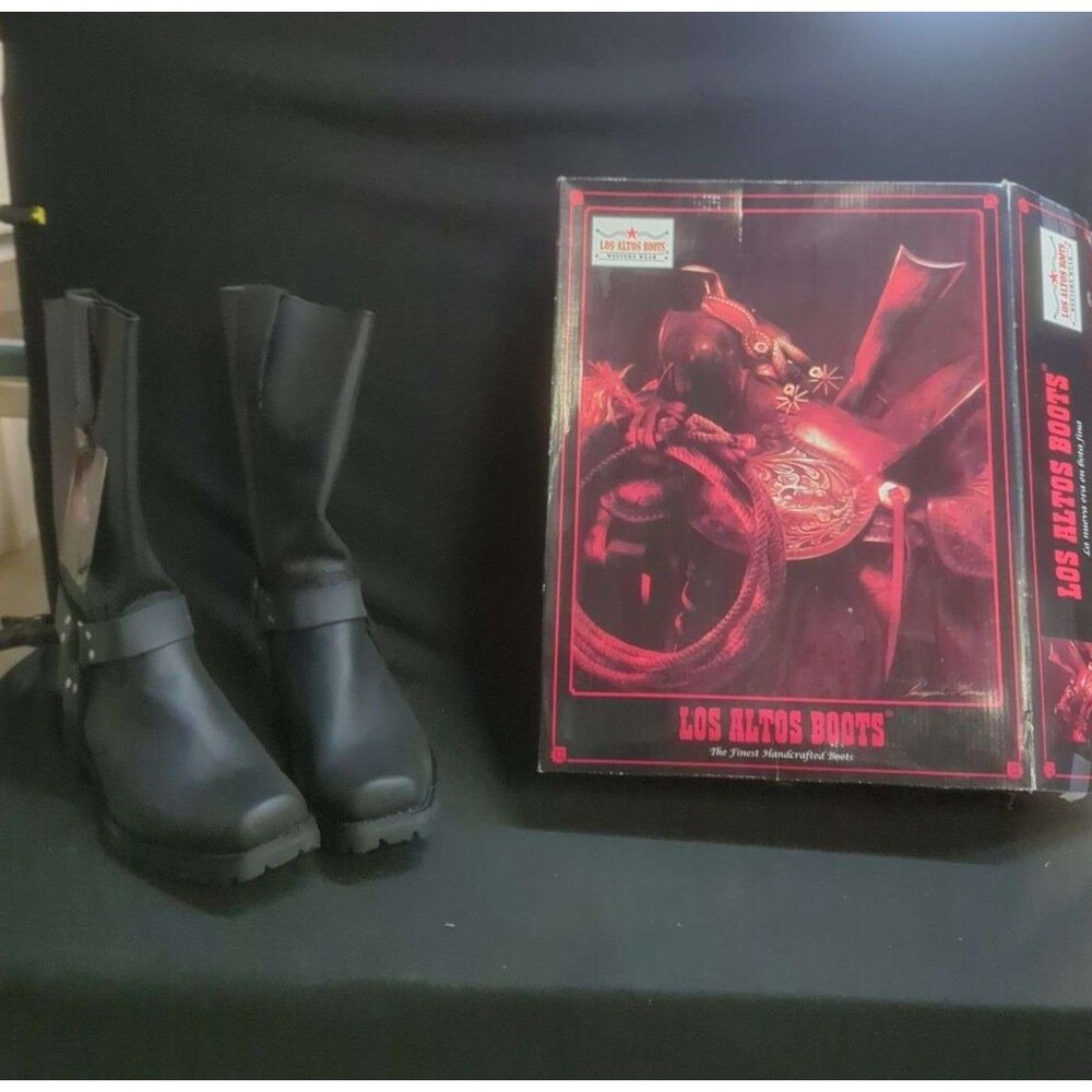 Los Altos Mens Black Leather Biker Harness Boots Size 11.5 EE Square Toe NWT Box